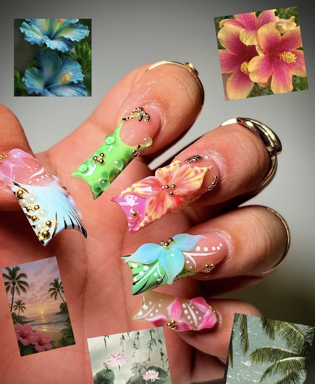 Hawaiian hibiscus Gel-X set in green, blue and coral with gold beads