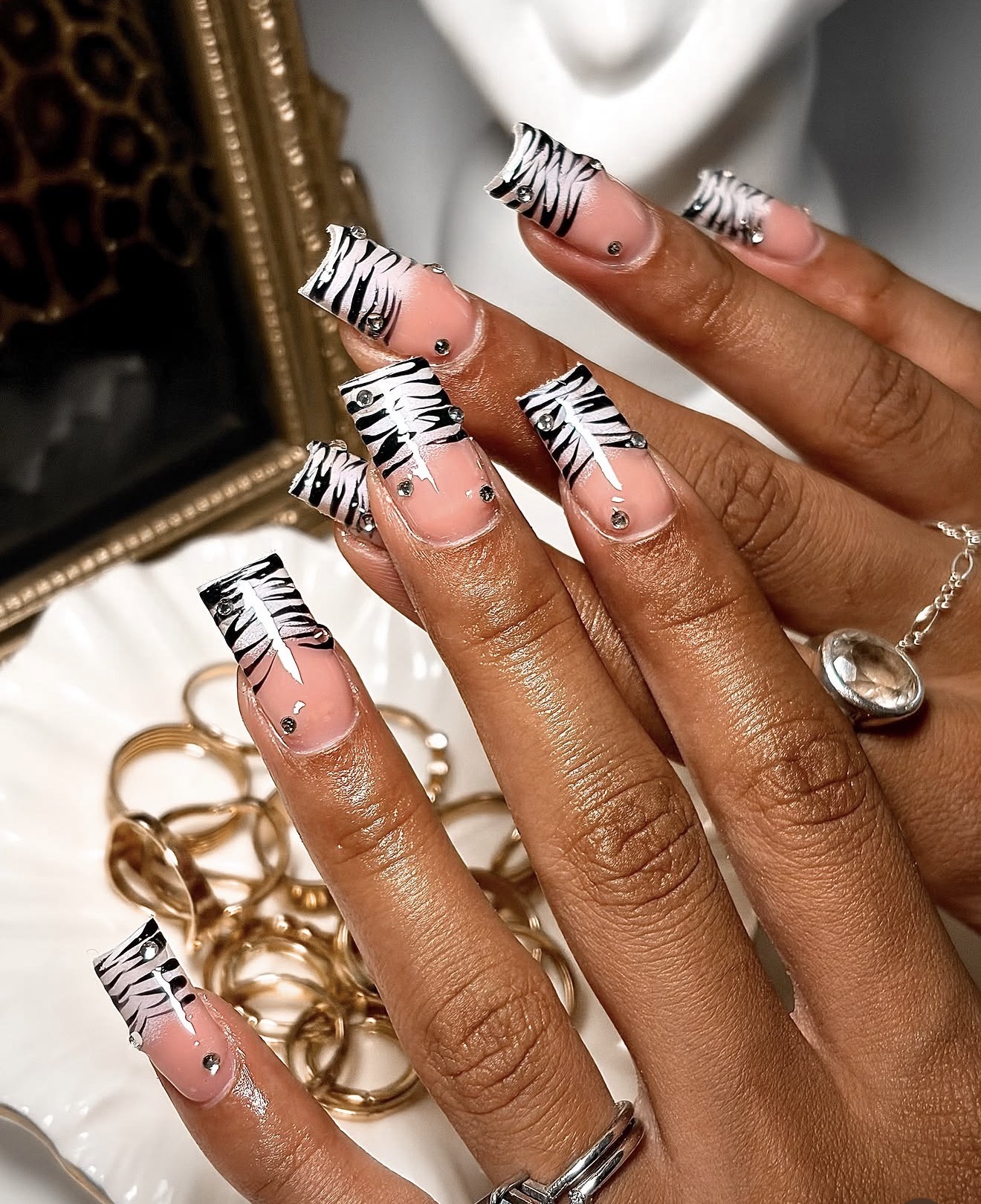 Zebra print French Gel-X set with crystal accents
