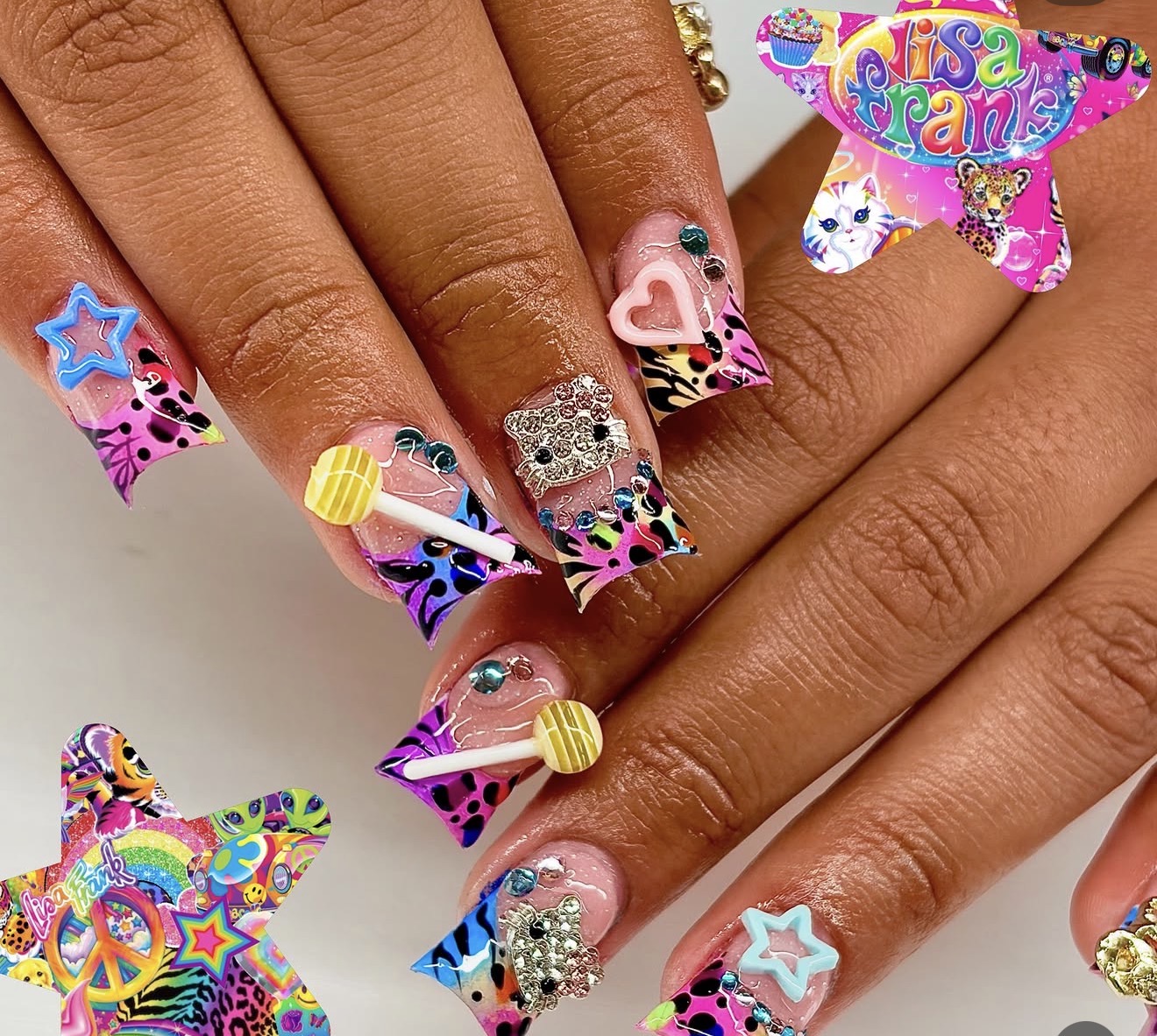Lisa Frank inspired neon animal print Gel-X set with charms