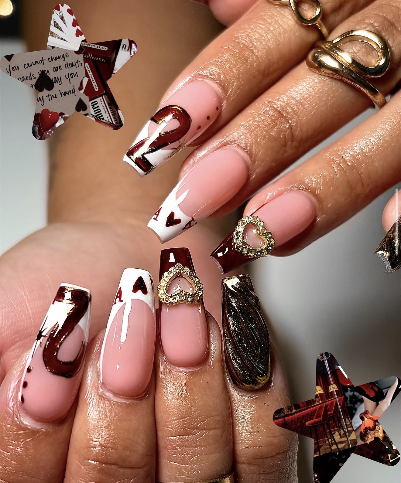 Burgundy and white playing-card Gel-X set with gold heart charms