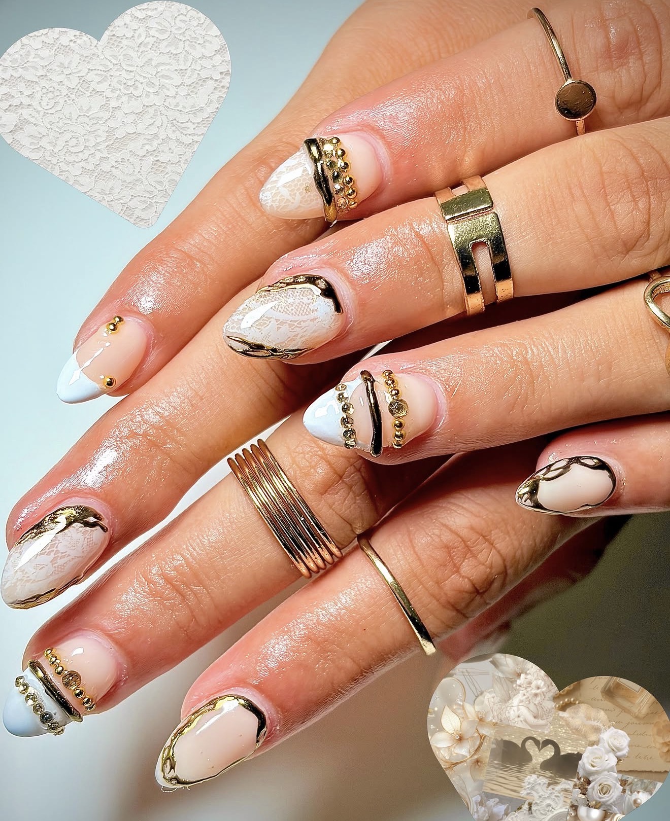 Bridal almond Gel-X set with white lace, gold chrome trim and pearls