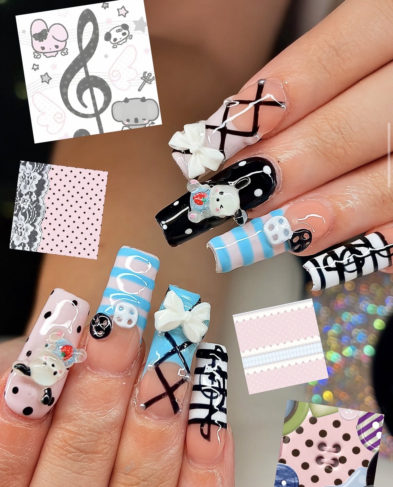 Coquette Gel-X set with bows, polka dots and character charms