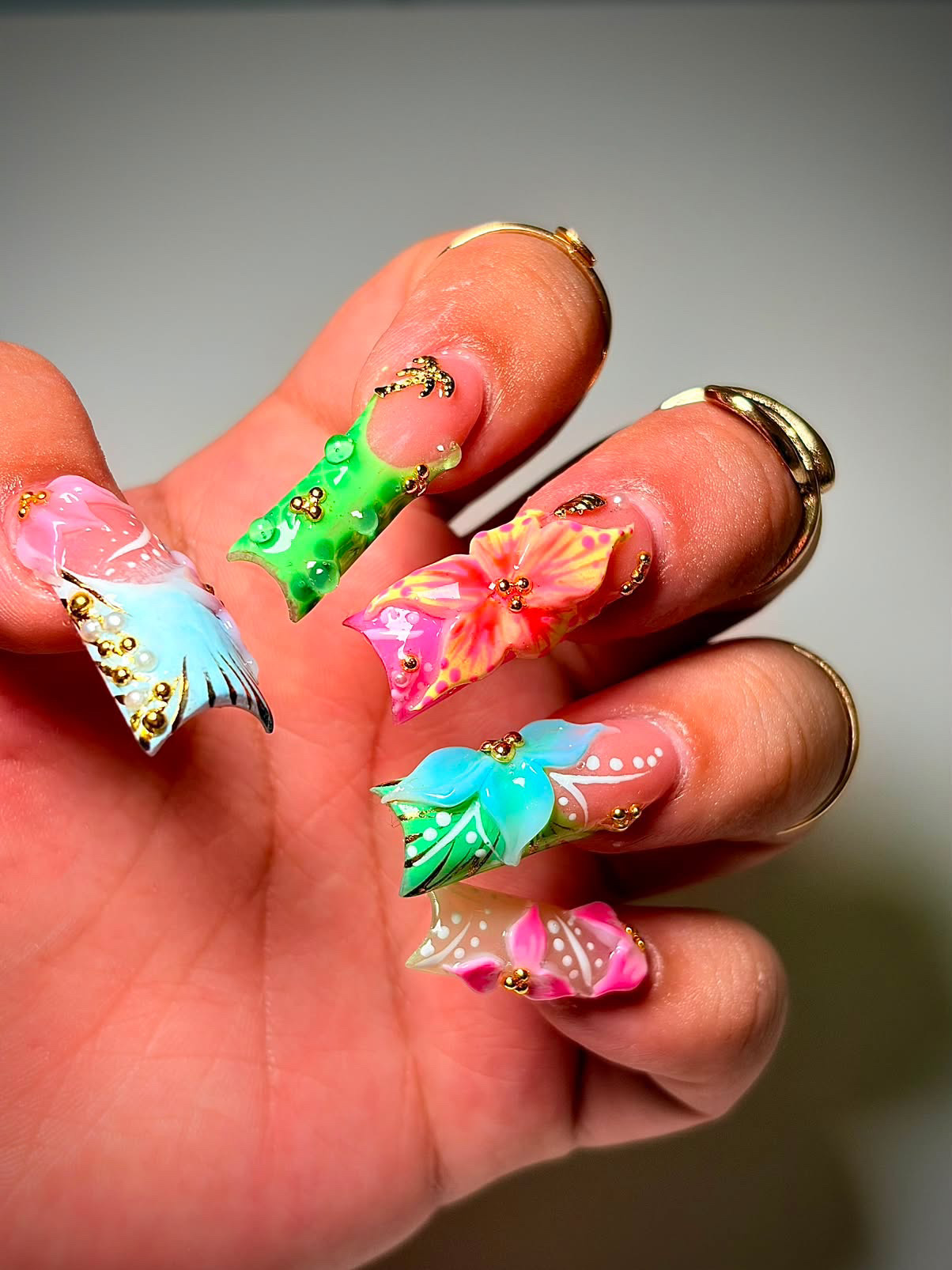 Neon tropical Gel-X set with 3D hibiscus flowers, pearls and gold accents
