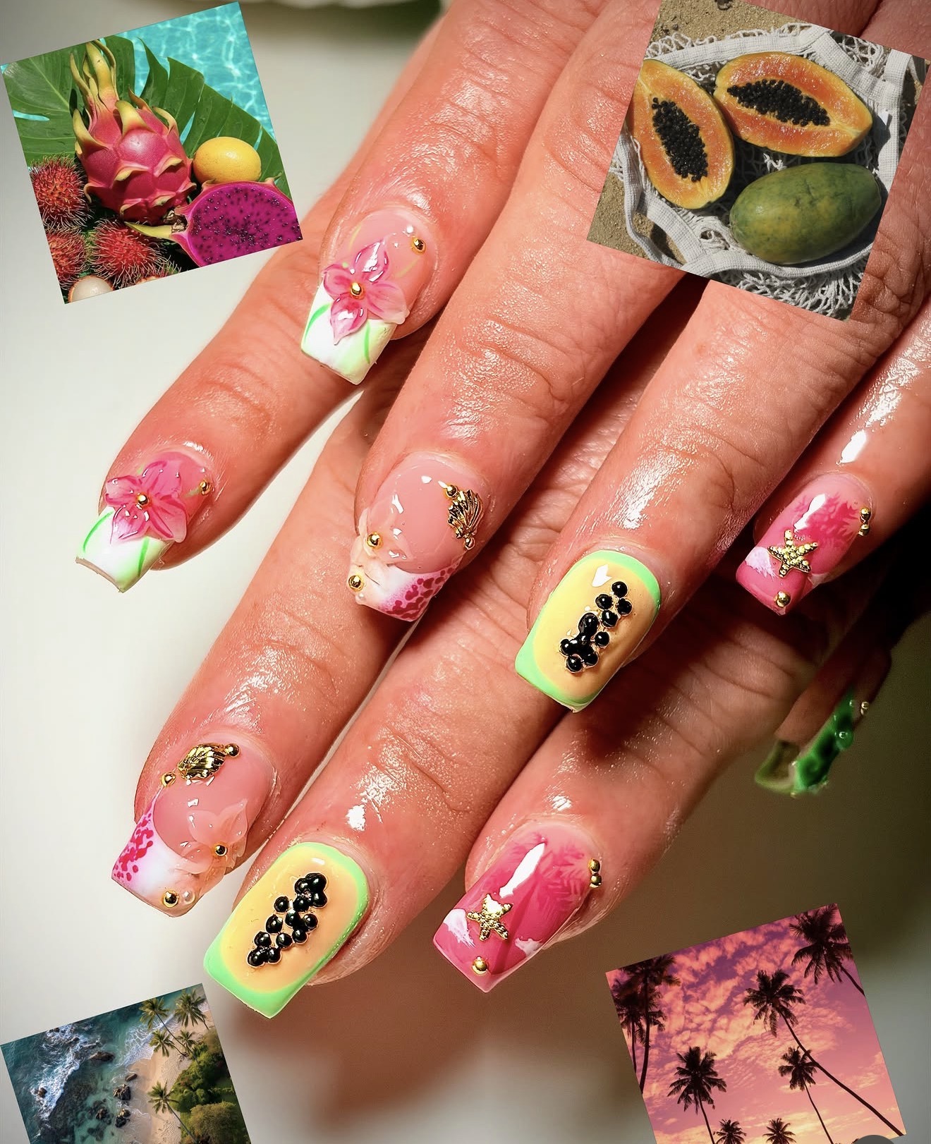 Tropical Gel-X set with papaya, orchid and starfish nail art