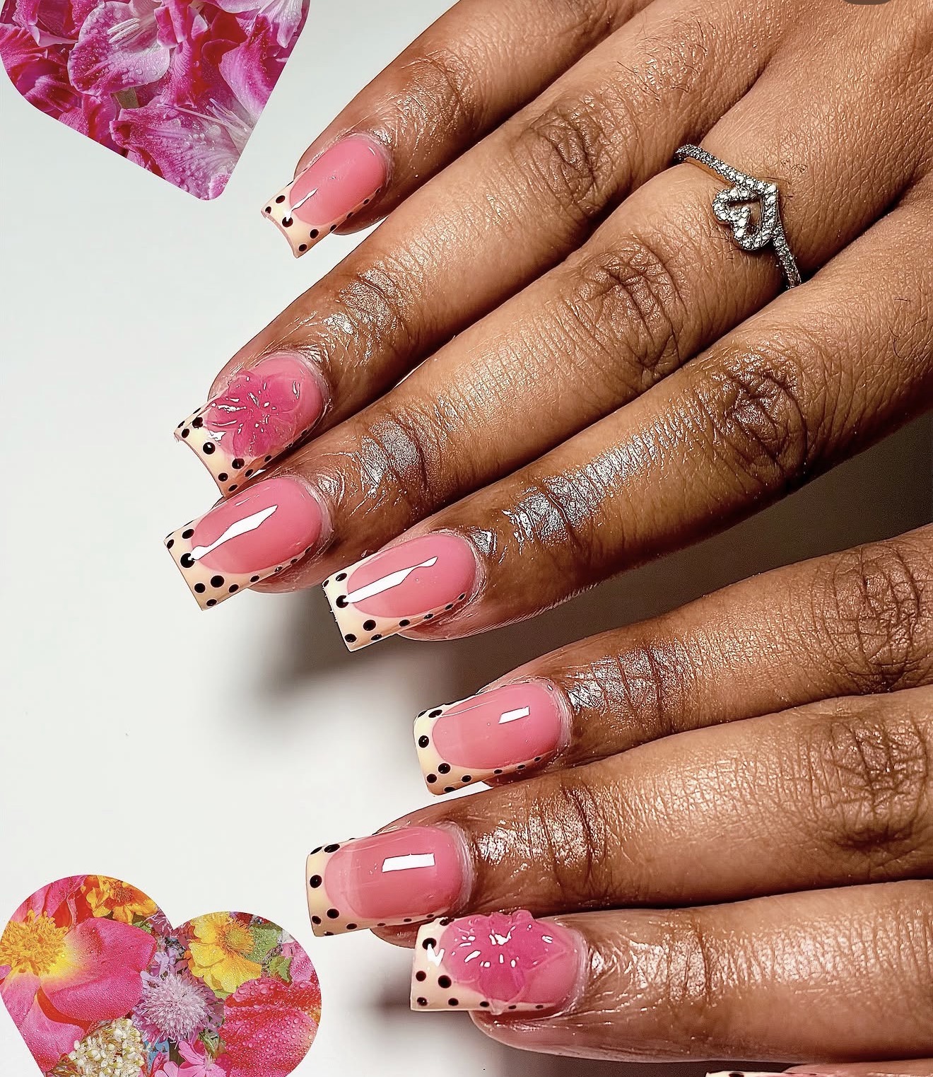Long square pink Gel-X set with dotted French tips and 3D flowers